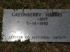 The Letcher County Historical Marker for the Pound Gap Massacre victim Greenberry Harris.  The photograph was taken by Joanna Adams Sergent on location.