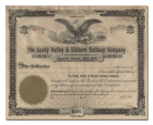 Stock Certificate for Sandy Valley ad Elkhorn Roadway Company