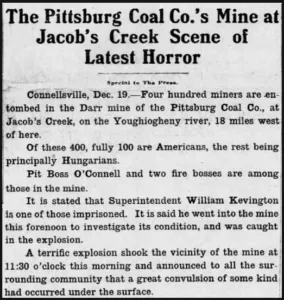 Pittsburgh Newspaper front page article.  Date and newspaper unknown. 