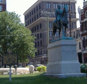 The Brigadier General John Hunt Morgan Memorial statute as it once stood in Lexington, Kentucky.  The statute has been removed.  The photographer and date are unknown.