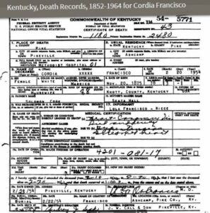 Cordelia "Cordia" Cook's death certificate as found on Find a Grave