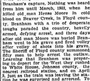 Taken from an excerpt of the Courier Journal, September 25, 1903.  The title is "Clifton Branham Pays the Penalty of His Crime".