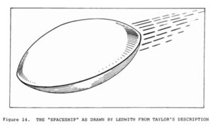 Drawing of the Spaceship as given by Billy Ray Taylor's description of what landed near the Sutton Farm in Kelly-Hopkinsville, Kentucky