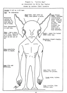Diagram of the creatures that were on the Sutton Farm in Kelly-Hopkinsville, Kentucky on August 21, 1955  See "How the 'Little Green Men' Phenomenon Began on a Kentucky Farm" for source information.